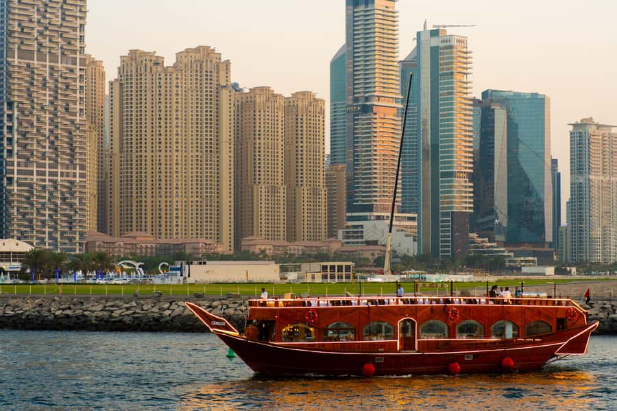 Best 5-Star Dhow Dinner Cruise Dubai Marina Jack Sparrow - Dubai Marina after dark from the water
