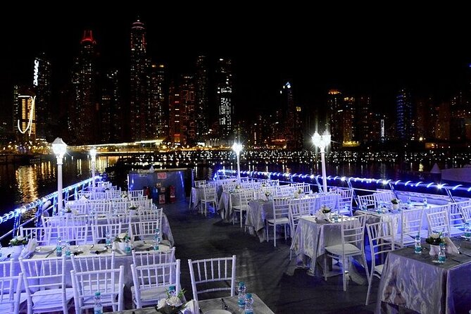 Dhow Cruise at Dubai Marina with Dinner - Bluewaters Plaza and the marina skyline
