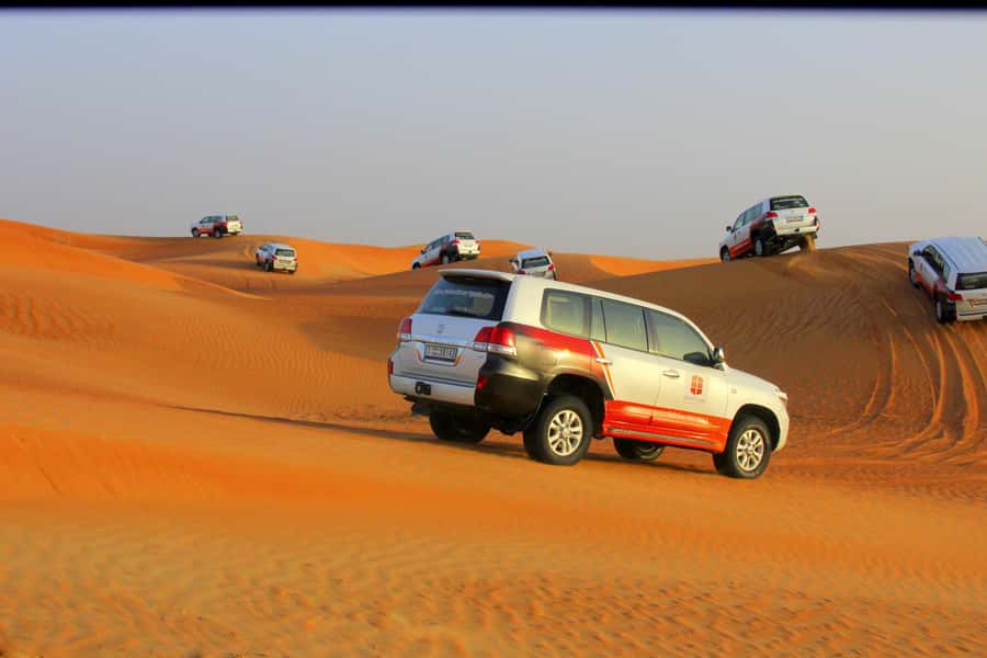 Dubai: Bedouin Camp, Dune Safari, Falcon Show & BBQ Dinner - Sandboarding and the sunset stop