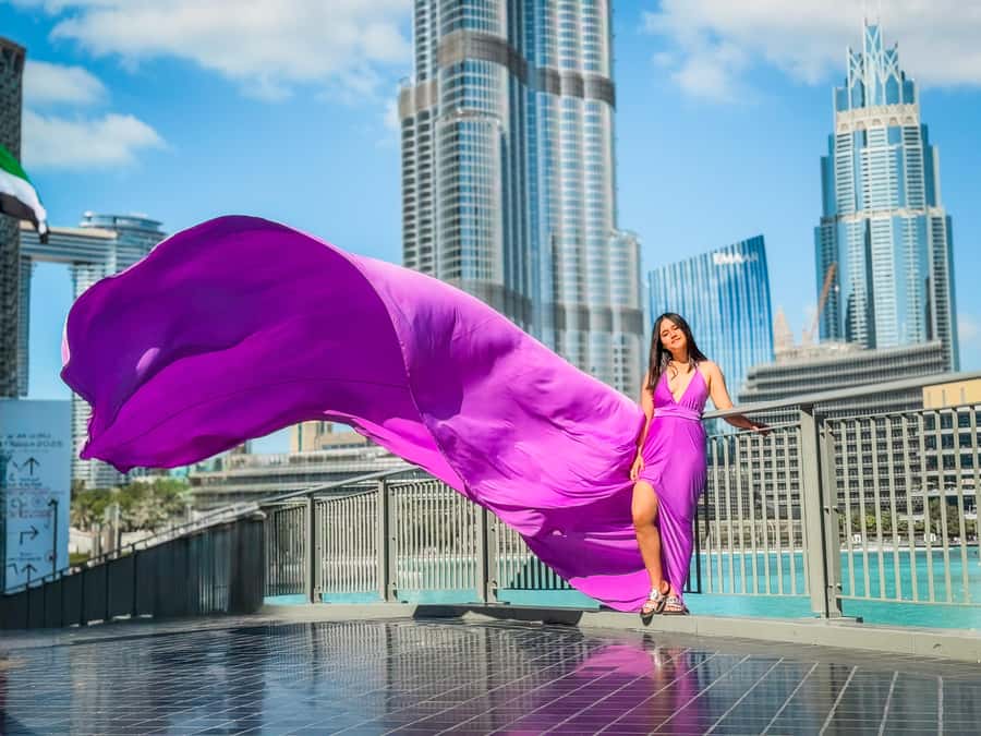 Dubai: Burj Khalifa Flying Dress Videography Shoot - Starting at the Wings of Mexico statue