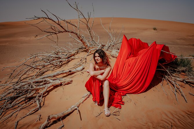 Dubai: Flying Dress with Photography and Exciting Dune Activities - Sandboarding and camel photos at Lahbab