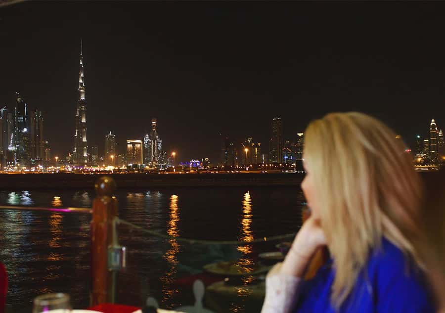 Dubai: Luxury Canal Dinner Cruise with Optional Transfers - The Sheikh Zayed Road waterfall bridge