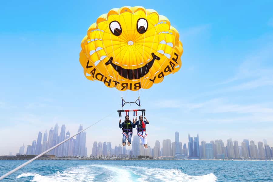 Dubai: Parasailing with Happy birthday Parachute JBR & Palm - The view from 200 meters above Dubai Harbour