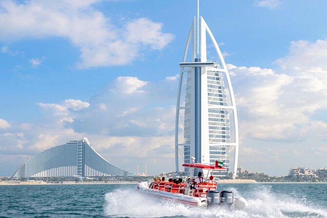 Dubai Speedboat Tour, Marina, Atlantis, Palm & Burj Al Arab - Leaving Dubai Marina beneath the skyline