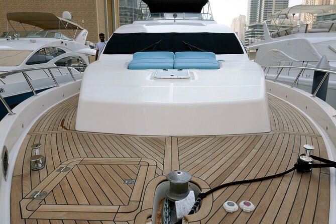 Majesty 77ft Diamond Dust — Dubai's best yacht rental - Ain Dubai, the Burj Al Arab, and the city skyline