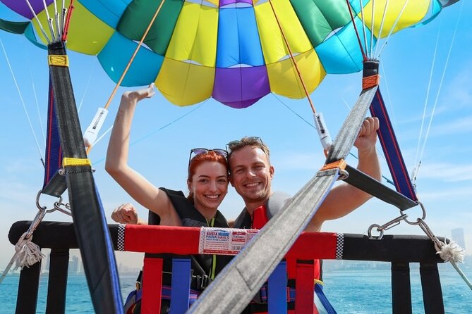 Parasailing in Dubai with Palm Jumeirah and JBR Beach views - Getting ready for the launch