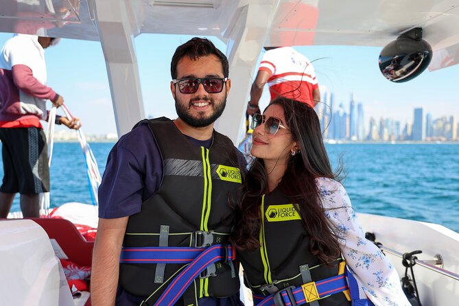 Parasailing in Dubai with Palm Jumeirah and JBR Beach views - What the $94.90 price means